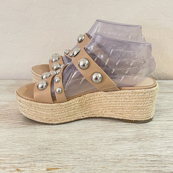 Marc Fisher 6.5 Jalyn Sandals Nude Silver Studs Espadrille Platform Wedge Slides - Picture 9 of 13
